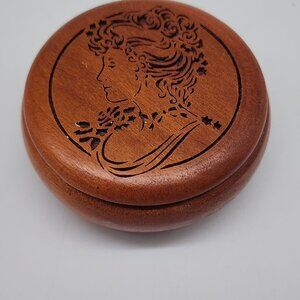 Vintage San Francisco Music Box Company Wooden Round Music Box Carved Lady Desig